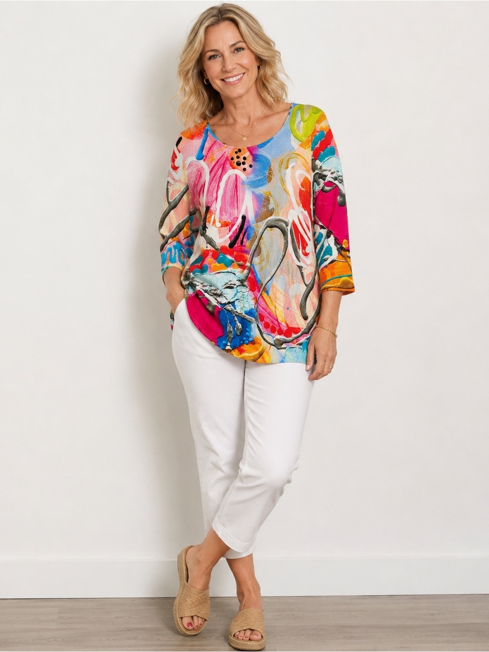 Claire Desjardins Abstract Print Tunic Top Size M Multicolor 3/4 Sleeve Artsy